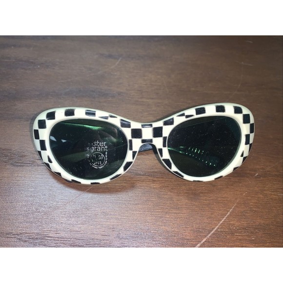 Vintage 60s Foster Grant Green Lens White Black Checkered Rockabilly Sunglasses